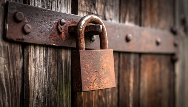 Rusty padlock on weathered wooden door (1)