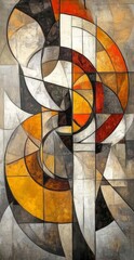 n artistic abstract painting in a cubist style, featuring interlocking geometric shapes, curved lines, and a muted color palette of orange, yellow, and brown