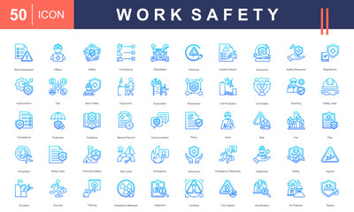 Work Safety icon set representing key elements like PPE, risk assessment, emergency response, hazard control, and workplace safety policies. Ideal for industrial, healthcare, and compliance visuals.