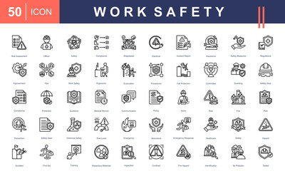 Work Safety icon set representing key elements like PPE, risk assessment, emergency response, hazard control, and workplace safety policies. Ideal for industrial, healthcare, and compliance visuals.