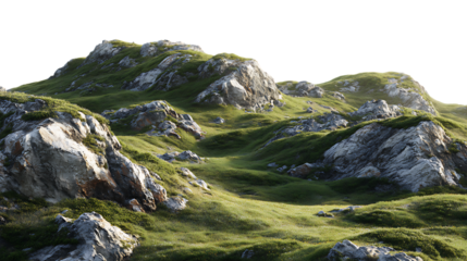 Detailed view of a rocky mosscovered slope with textured rocks and grass isolated on transparent background