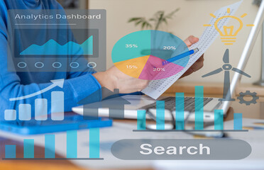 Businesswoman analyzing financial data, evaluating sales progress, and using analytics dashboard for kpi performance and project objectives, incorporating sustainable energy and innovation concepts