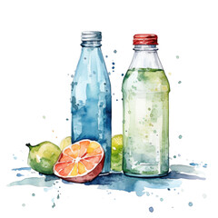 Watercolor illustration set water bottles and splashes isolated on transparent background