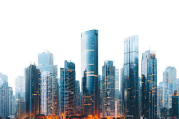 Modern cityscape with tall skyscrapers isolated on transparent background
