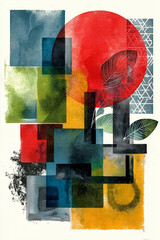 An artistic composition of overlapping geometric shapes and textures, including a prominent red circle and several squares in shades of blue, green, and yellow, with subtle leaf details.