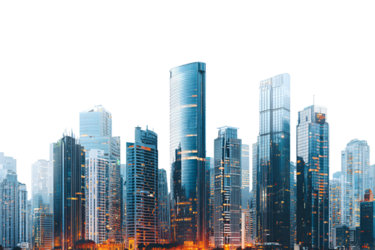 Modern cityscape with tall skyscrapers isolated on transparent background