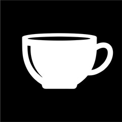 A simple white graphic icon of a coffee cup or teacup with a handle, set against a solid black background.