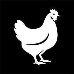 A stylized white graphic icon of a hen or chicken standing in profile against a solid black background.