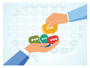 Collect feedback,  businessman hand giving speech bubble feedback, opinion to manager.