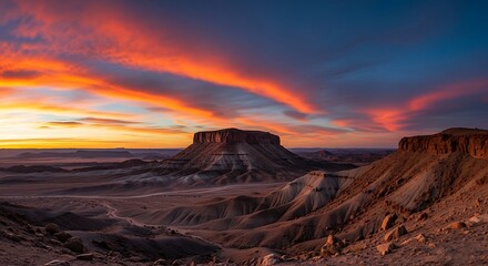 Naklejka premium A dramatic desert landscape at sunset, featuring majestic mesas and canyons illuminated by an intensely colorful sky ablaze with fiery orange, red, and purple hues.