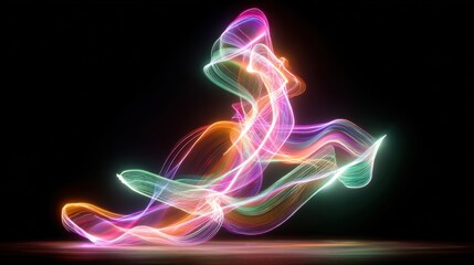 Fototapeta premium Abstract Light Ribbon Composition with Intertwined Pink, Purple, Green, Orange, and Yellow Trails on Black Background