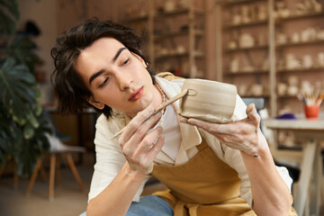 Handsome stylish man creating pottery in a vibrant ceramics studio filled with creativity
