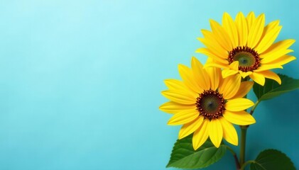 Obraz premium Vibrant yellow sunflowers, soft blue backdrop, ample copy space , summer, bloom, palette