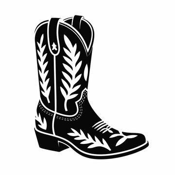 Black and white cowboy boot with floral design illustration