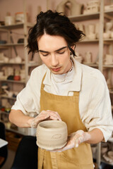 Handsome stylish man showcasing his creativity in a pottery studio while crafting ceramics