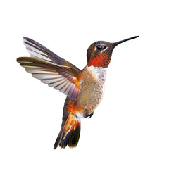 Fototapeta premium A hummingbird in flight, vibrant colors, detailed feathers