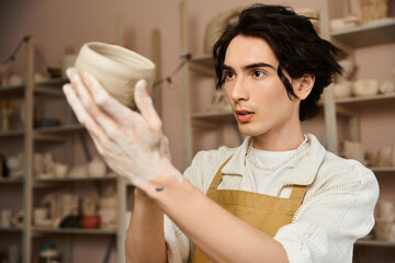Handsome stylish man creating pottery in a vibrant ceramics studio filled with creativity