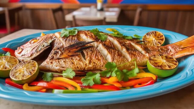 Whole grilled red snapper with fresh peppers and lime on a platter in a colorful restaurant