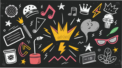 Hand drawn collection of doodle art elements with crowns stars music notes and thunderbolts perfect for various design projects