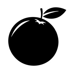 A simple black silhouette icon of a whole orange fruit with a stem and leaf.
