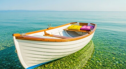 Naklejka premium Ai generated image of a white wooden rowboat with colorful cushions floats on clear turquoise water revealing pebbles beneath the surface