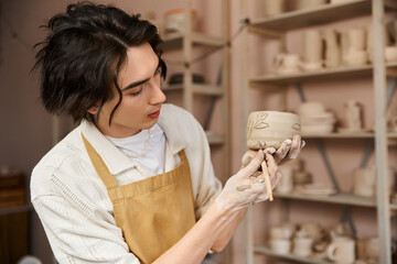 Artistry flourishes in a pottery studio with a stylish man crafting a unique ceramic piece