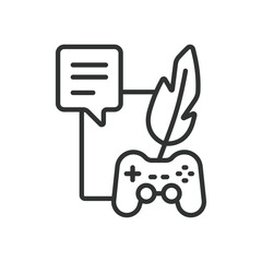 Game Writer, icon in line design. Narrative design, story development, character dialogue, quest writing, interactive fiction on white background vector. Game Writer, editable stroke icon