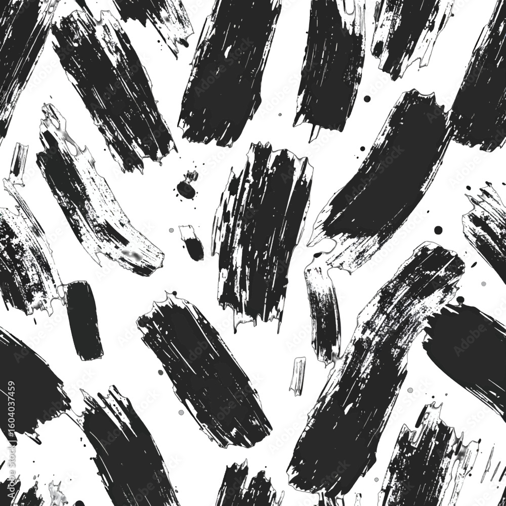 Poster textured black dry brush strokes and ink splatters in a seamless abstract pattern.