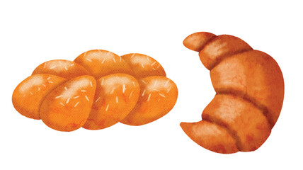 Watercolor Brioche and Croissant illustration . Fresh baked homemade bread isolated on white background.