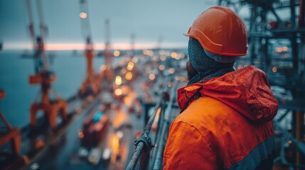 Construction worker watches the cityscape from high point. Use for industrial, progress, and engineering themes.
