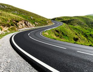  Curvy Asphalt Road Cutting Through Lush Green Hills, isolated on transparent background.