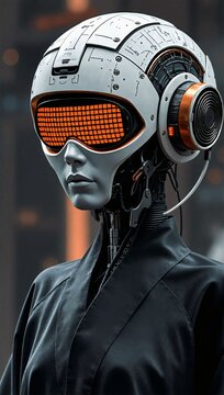 Close-up of a futuristic cyborg in a high-tech helmet, blending cutting-edge robotics with sci-fi artistry.