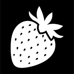 A stylized, minimalist graphic illustration of a single white strawberry on a solid black background.