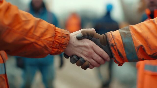 Handshake between two workmen in dirty uniforms, symbolizing professional camaraderie.