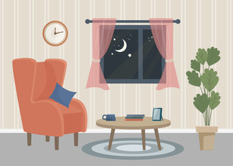 Vector illustration of a cozy living room with an easy chair, a coffee table, a houseplant, a wall clock, and a window with pink curtains showing a picturesque night landscape with dark sky and stars.