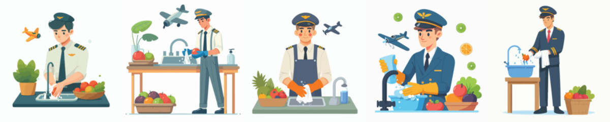 pilot character vector washing fruit