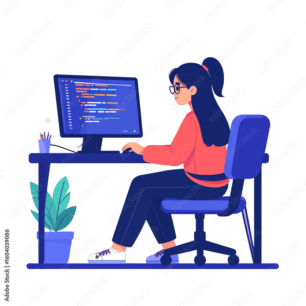 Aufkleber young female programmer with glasses and ponytail coding on a computer, sitting at a desk.