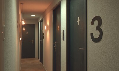 Empty hallway with numbered dark doors