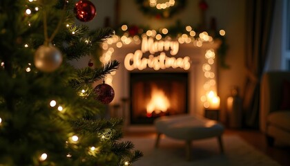Looking through warmly lit Christmas tree branches, a cozy fireplace glows softly in the blurred background. "Merry Christmas" appears gently illuminated among the out-of-focus lights.


