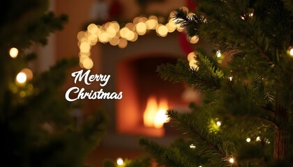 Looking through warmly lit Christmas tree branches, a cozy fireplace glows softly in the blurred background. "Merry Christmas" appears gently illuminated among the out-of-focus lights.

