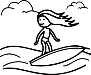 Line Art surfing girl at sunset