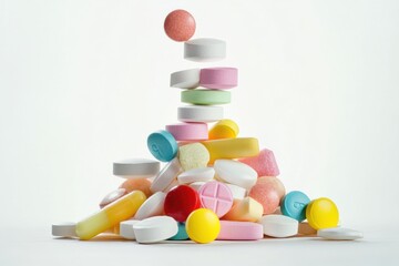 Various colorful pills and capsules stacked in pyramid shape on white background, concept of pharmaceutical balance, medication choice, healthcare complexity, vitamin supplements or drug's. Banner