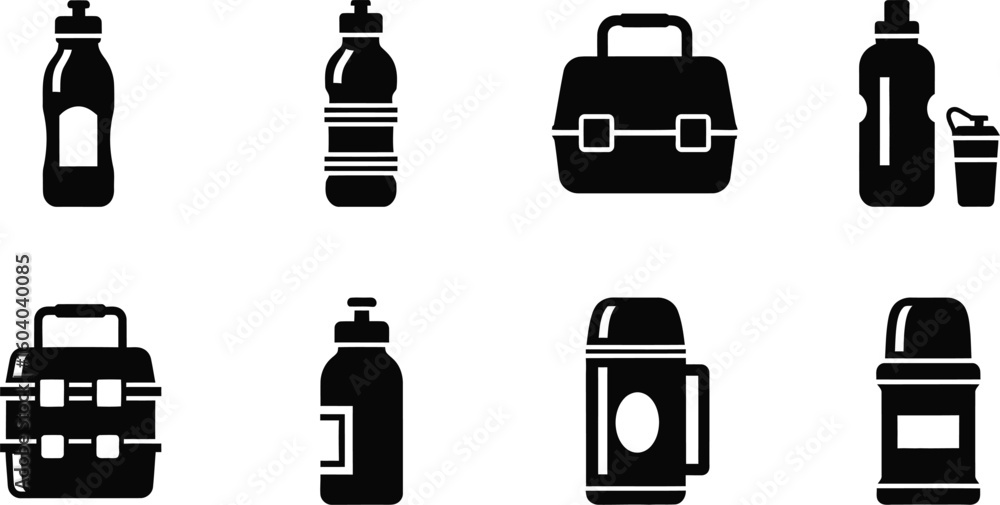 Poster vector art of a set of black and vector icons showcasing different types of lunch containers water b