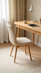 Minimalist Home Office: Beige Chair, Light Wood Desk, Tablet, Calm Atmosphere