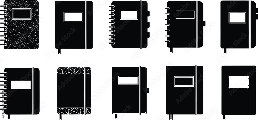 Aufkleber vector art of a set of black and vector icons showcasing different types of notebooks and journals w