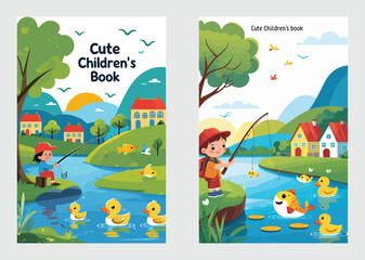 Obraz premium Bright and Colorful Children’s Book Design with Ducks and River 