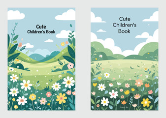 Fototapeta premium Colorful Children’s Book Design with Flowers Birds and Blue Sky 