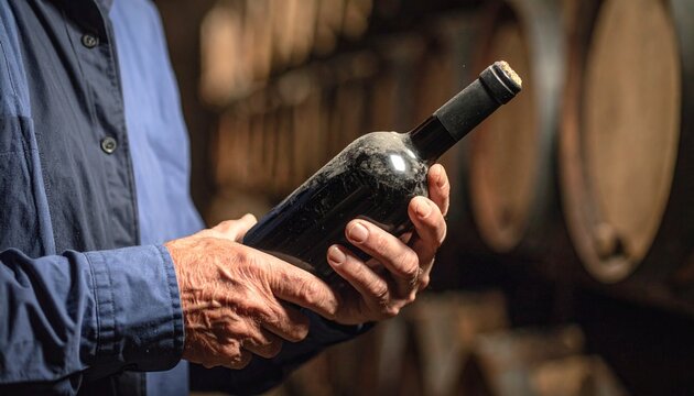 Primer plano mano de senior con una antigua botella de vino tinto cubierta de polvo, gran reserva y a&ntilde;ada. Bodega, enolog&iacute;a