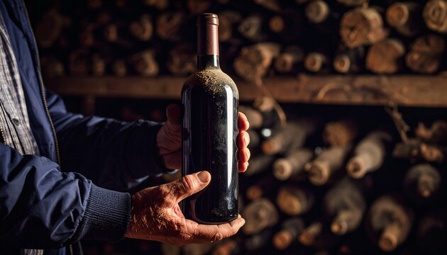 Primer plano mano de senior con una antigua botella de vino tinto cubierta de polvo, gran reserva y a&ntilde;ada. Bodega, enolog&iacute;a