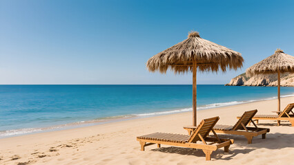 Beach with wooden lounge chairs and umbrellas. The lounge chairs are arranged in a row, with one chair positioned slightly apart from the others. 
